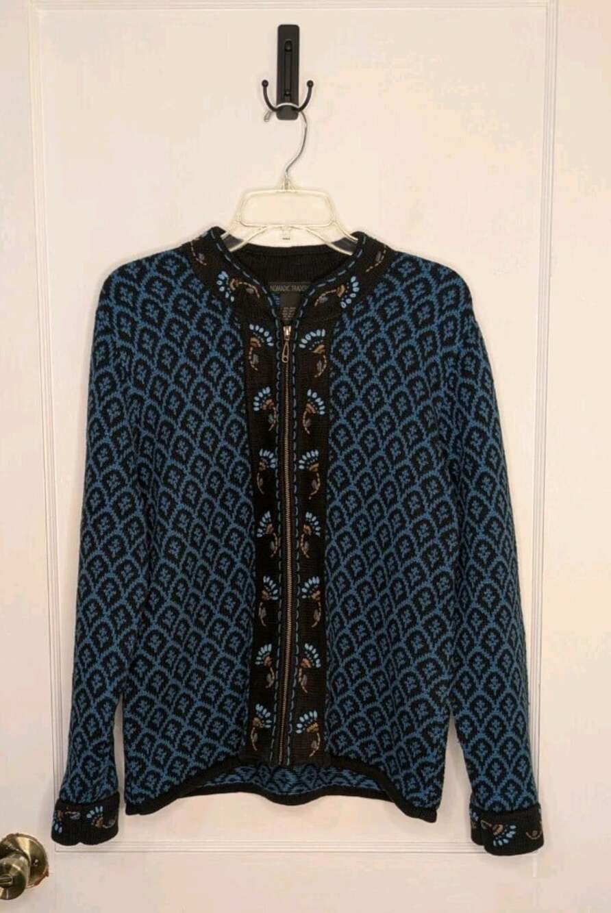 Nomadic Traders Vintage Floral Geometric Full Zip Cardigan Sweater Blue Women L